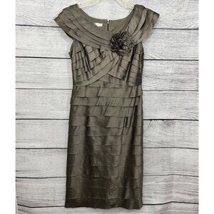 London Times Tiered Satin Sheath Dress With Flower Detail, Size 6